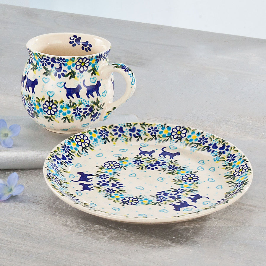Polish Pottery ''Blue Kitten'' Mug & Plate Set