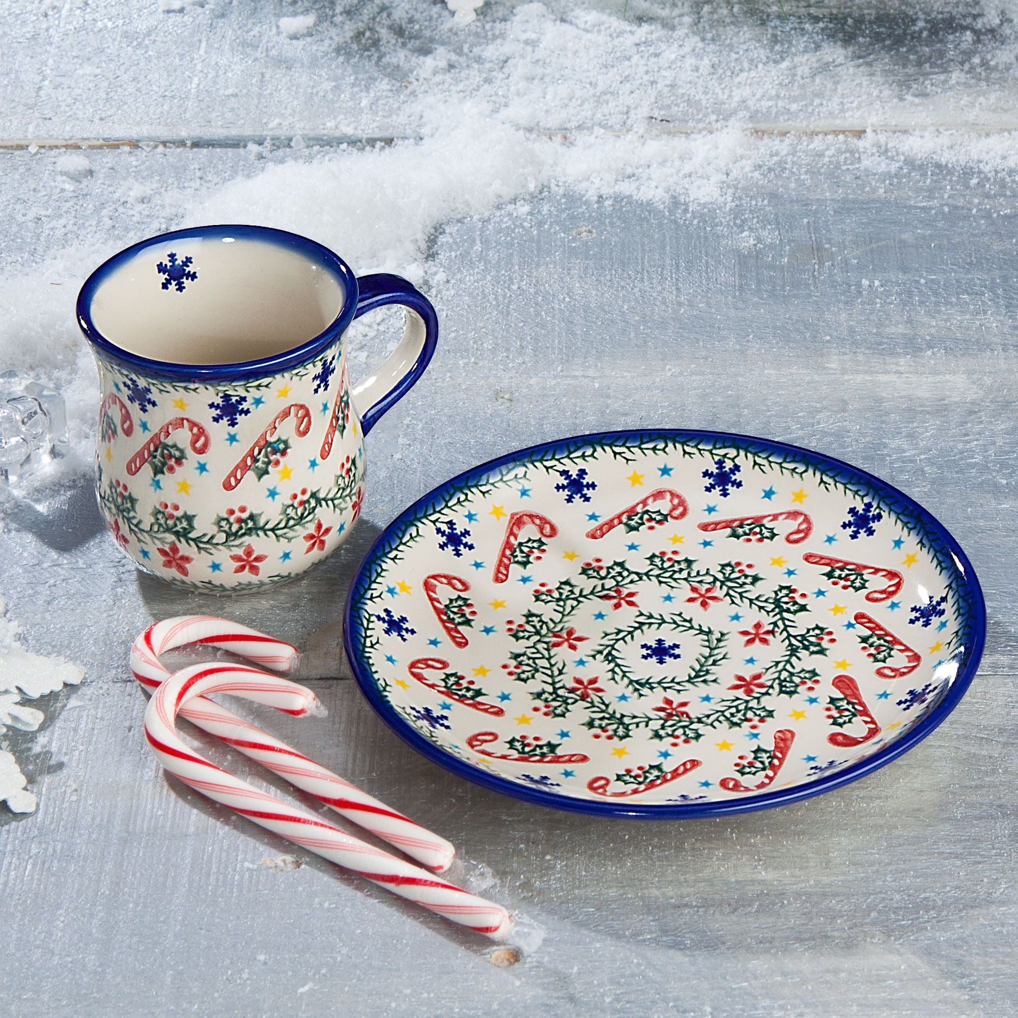 Polish Pottery Candy Cane Kisses Mug & Plate Set