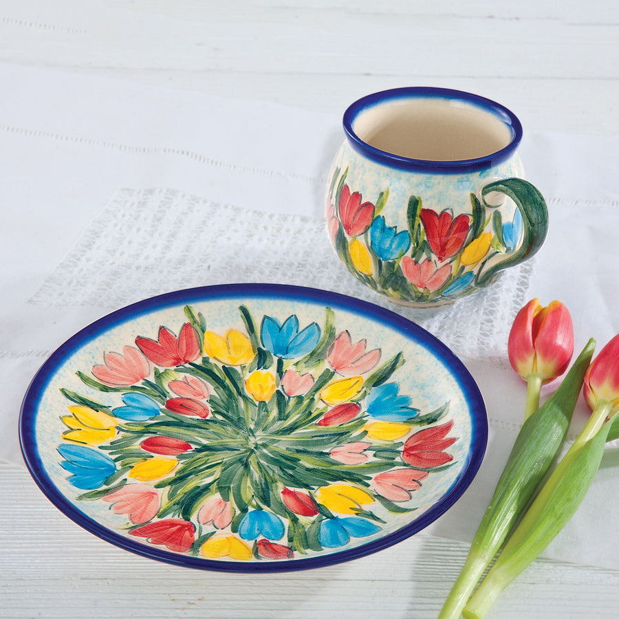 Polish Pottery Tulip Garden Mug & Plate Set