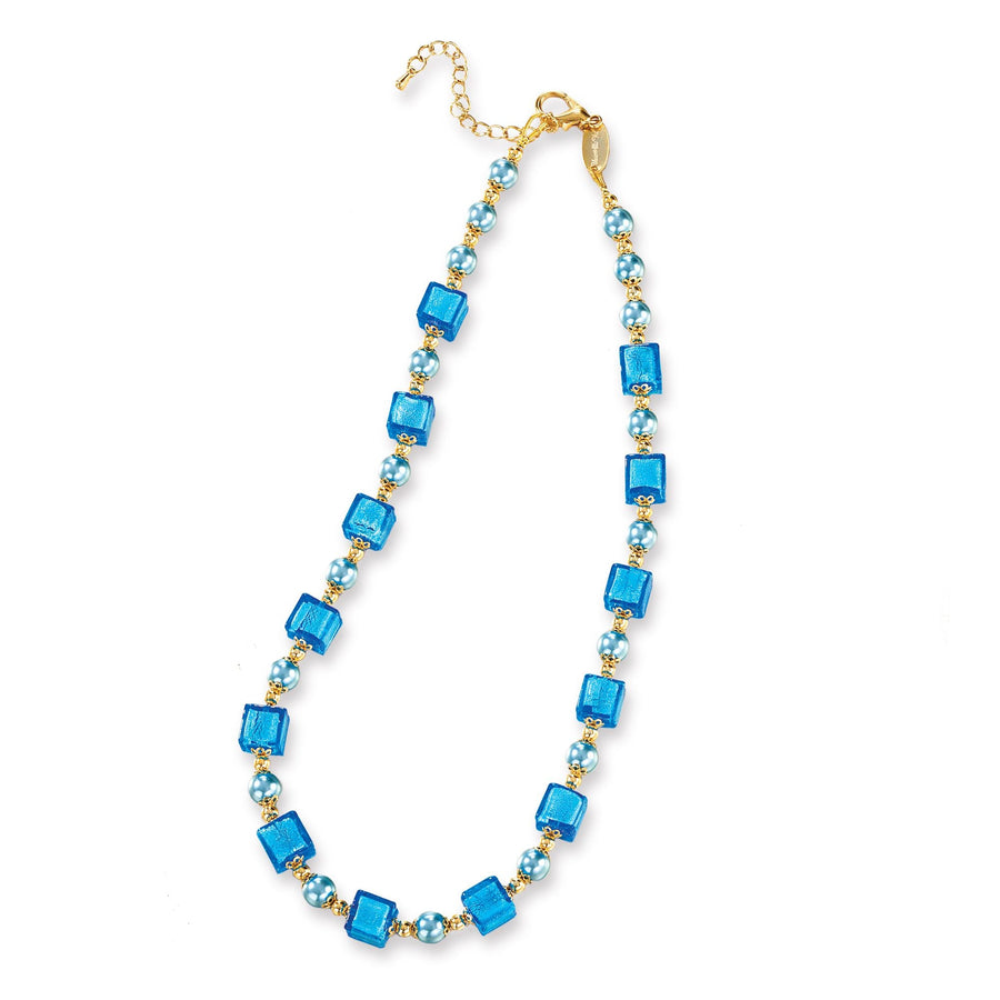 Murano Glass Azure Blue Cube Necklace