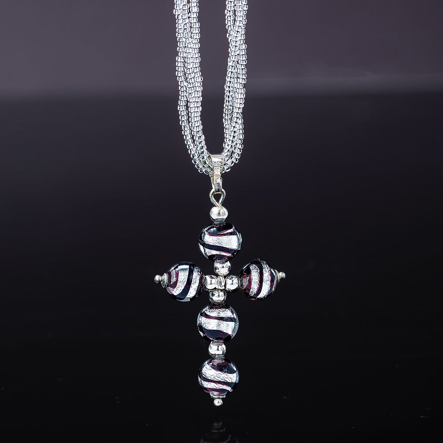 Murano Glass Black & Silver Cross Necklace
