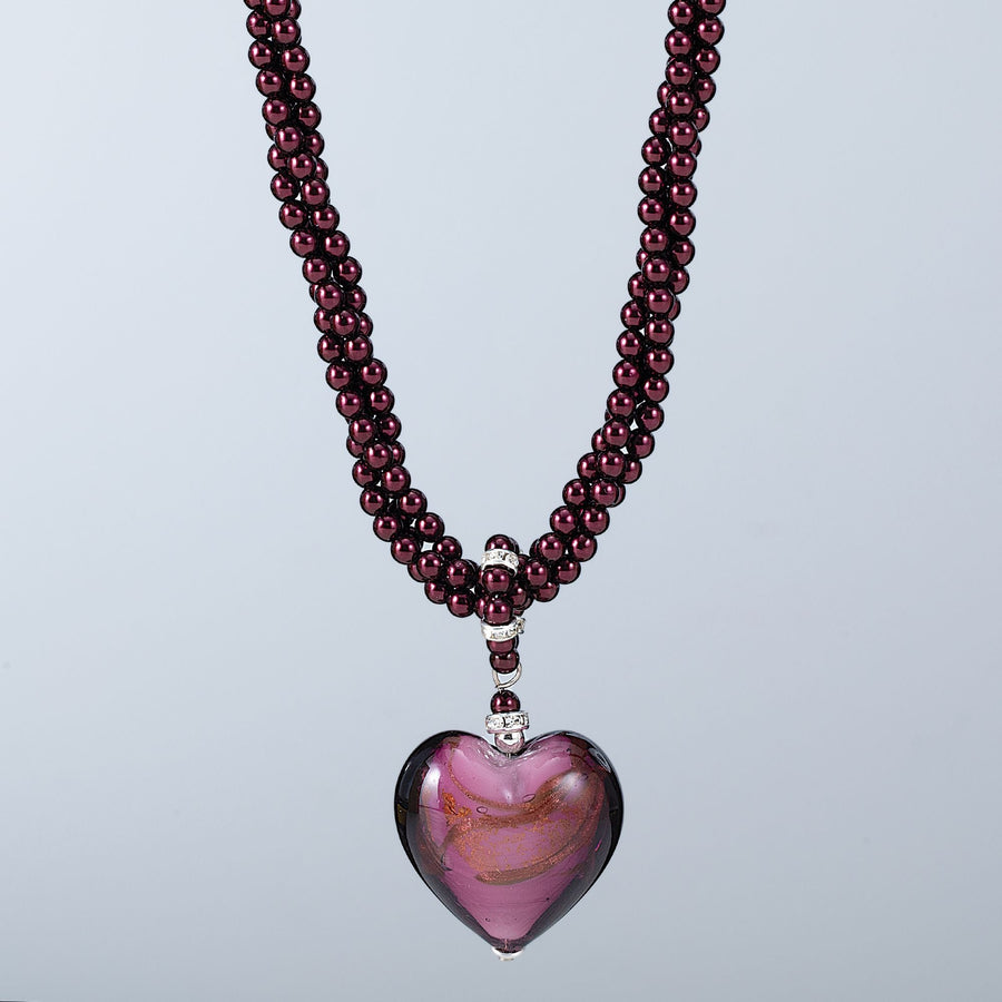 Murano Glass Purple Heart & Pearl Necklace