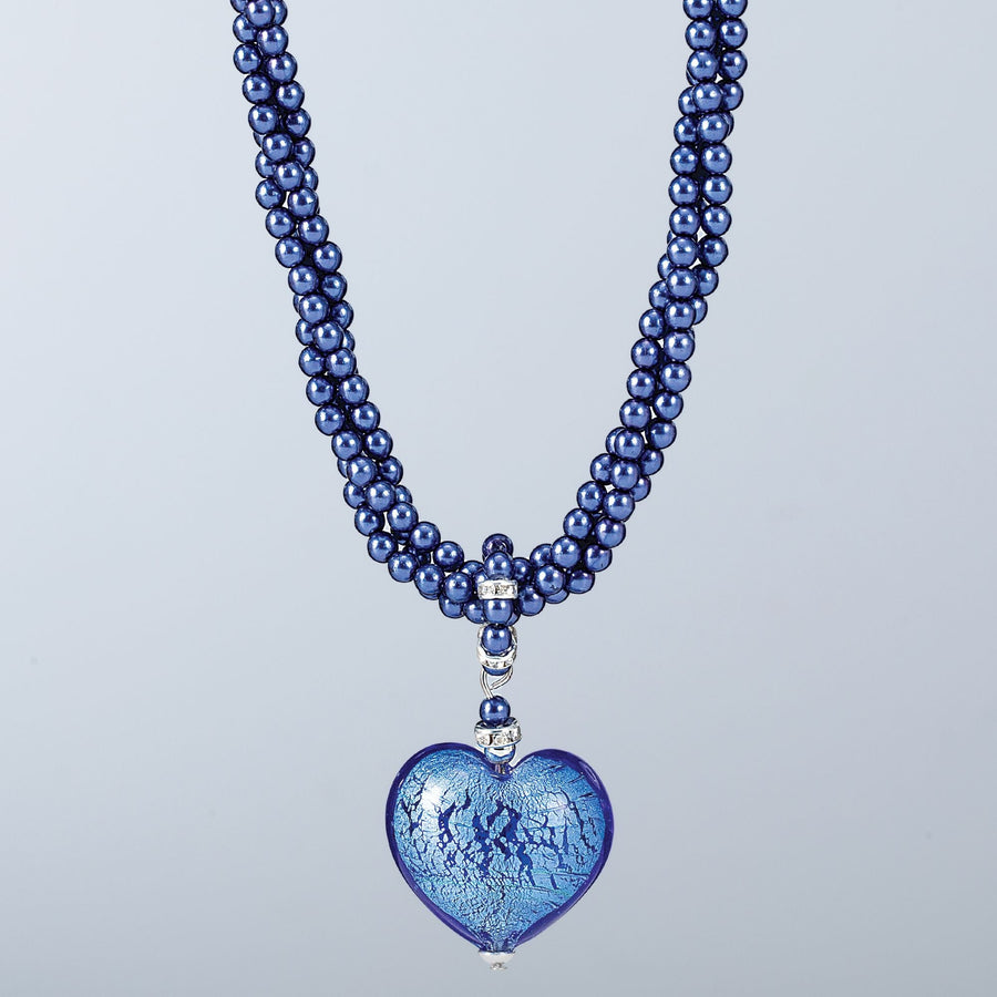 Murano Glass Blue Heart & Pearl Necklace