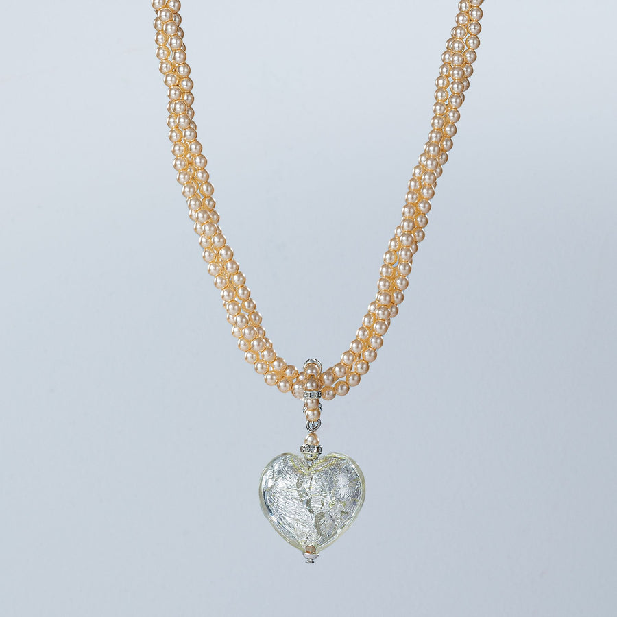 Murano Glass Silver Heart & Pearl Necklace
