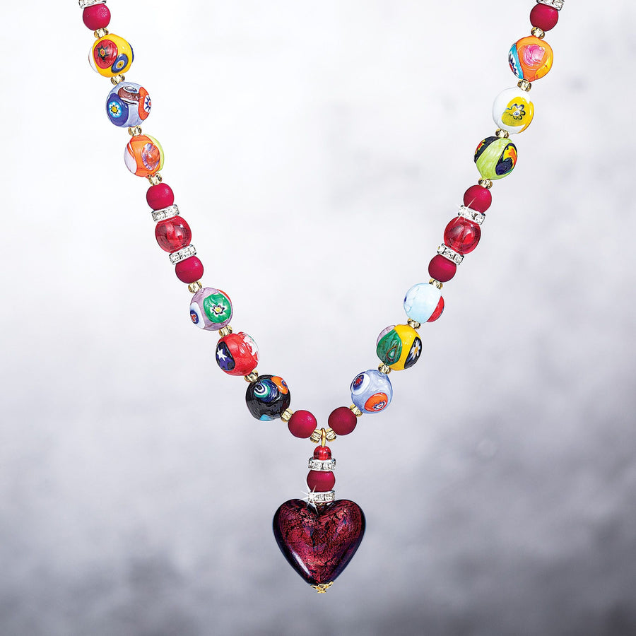 Red Heart With Millefiori Beads Murano Glass 3 Piece Jewelry Set