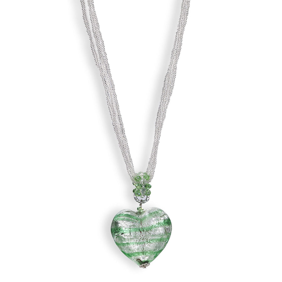 Murano Glass Green & Silver Heart Pendant Necklace