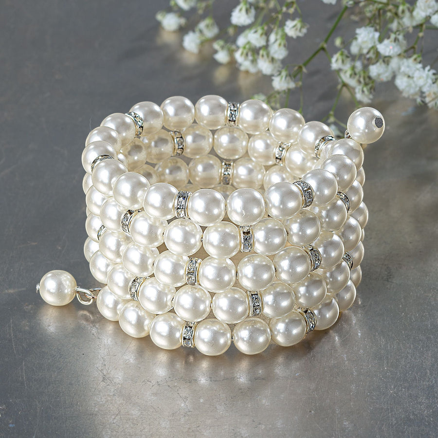 White Murano Glass Pearl Memory Wire Bracelet