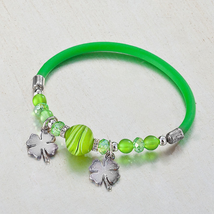 Murano Glass Green Shamrock Memory Wire Bracelet