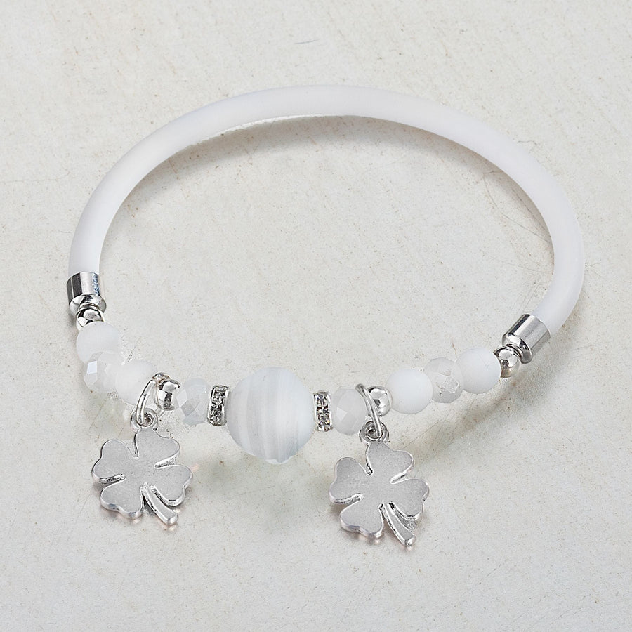 Murano Glass White Shamrock Memory Wire Bracelet