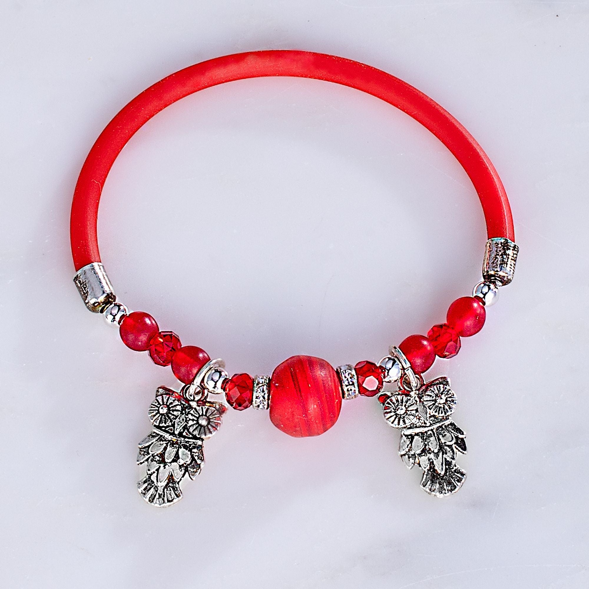 Murano Glass Owl Red Rubber Stretch Bracelet