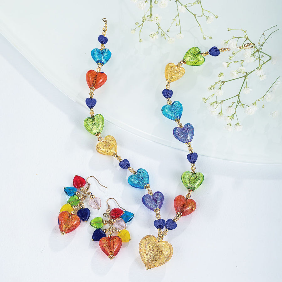 Murano Glass Radiant Rainbow Hearts Necklace & Earrings Set