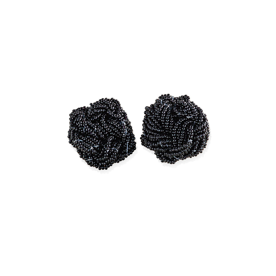 Murano Glass Black Beaded Knot Clip-On Earrings