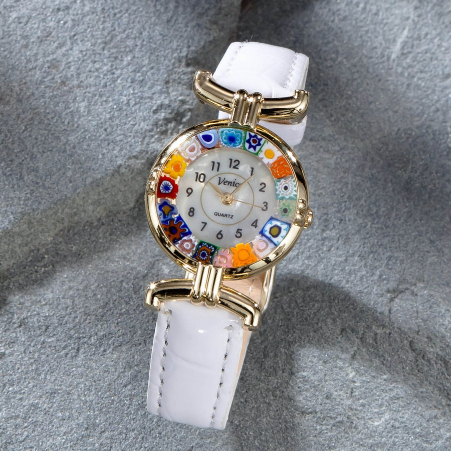 Murano Glass Millefiori Watch With White Leather Band And Gold