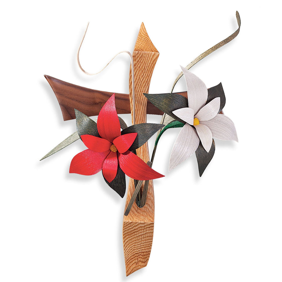 Hand-Carved Red & White Poinsettias Wooden Wall Cross