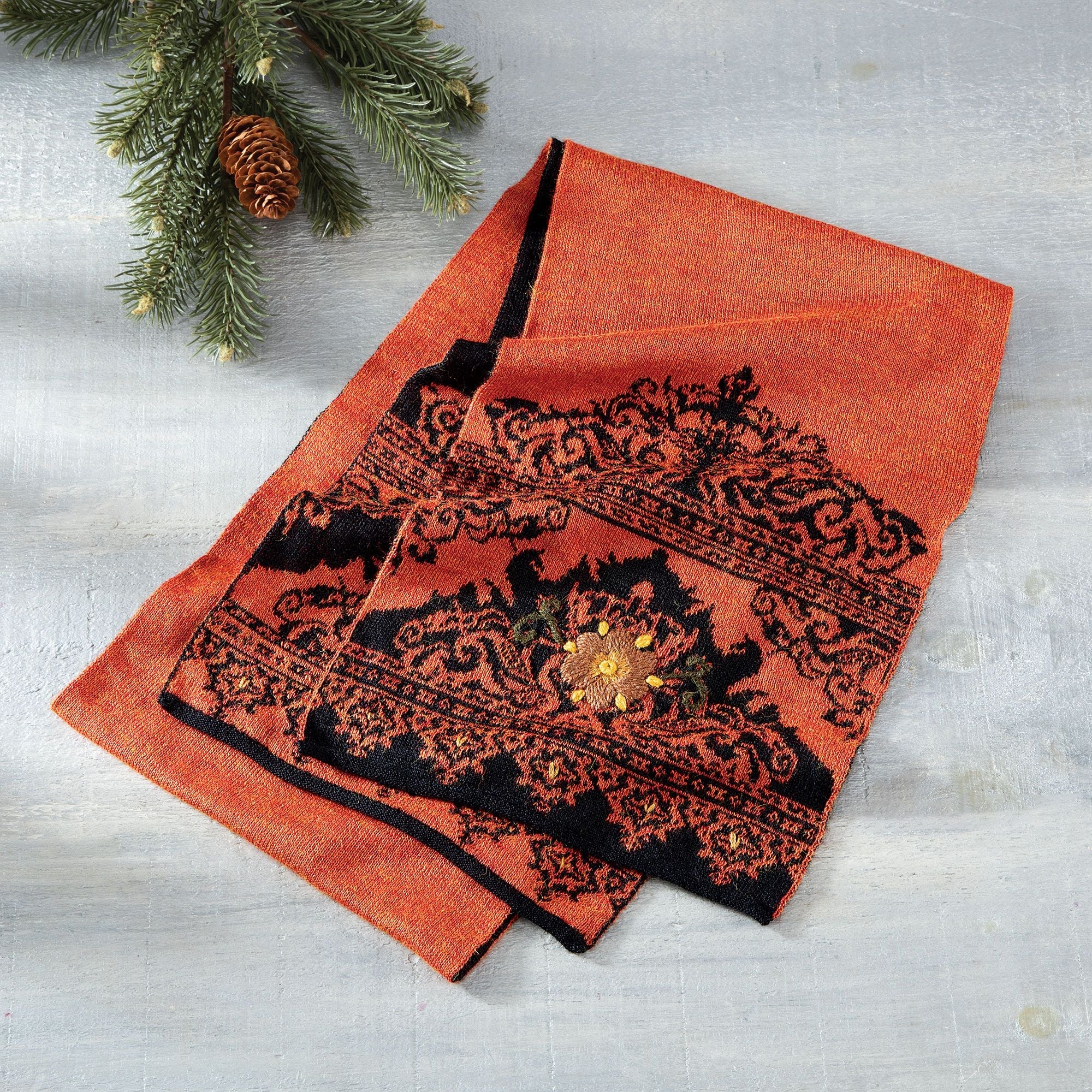 Orange Hand-Embroidered Alpaca Scarf