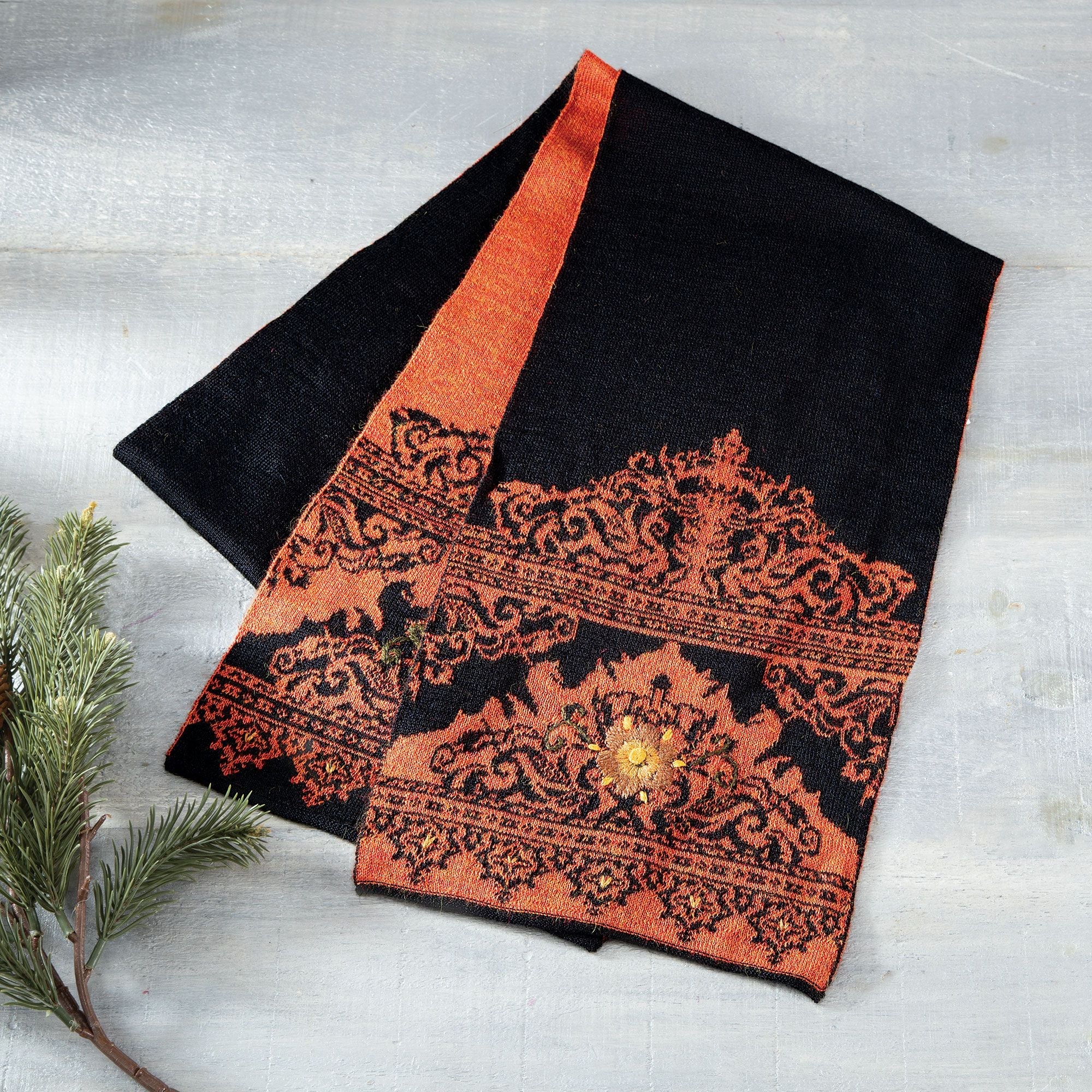 Orange Hand-Embroidered Alpaca Scarf